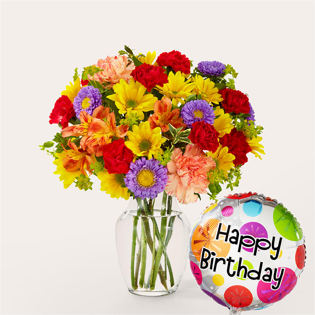 Kaleidoscope Bouquet with Birthday Balloon – All City Florist Inc, Melbourne FL
