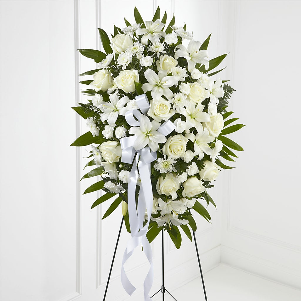 Exquisite Tribute Standing Spray-White Ribbon – All City Florist Inc, Melbourne FL